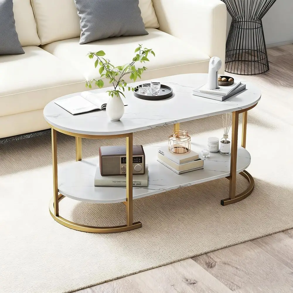 

Oval Marble Top Coffee Table with Storage Shelf and Metal Frame for Living Room in White and Gold
