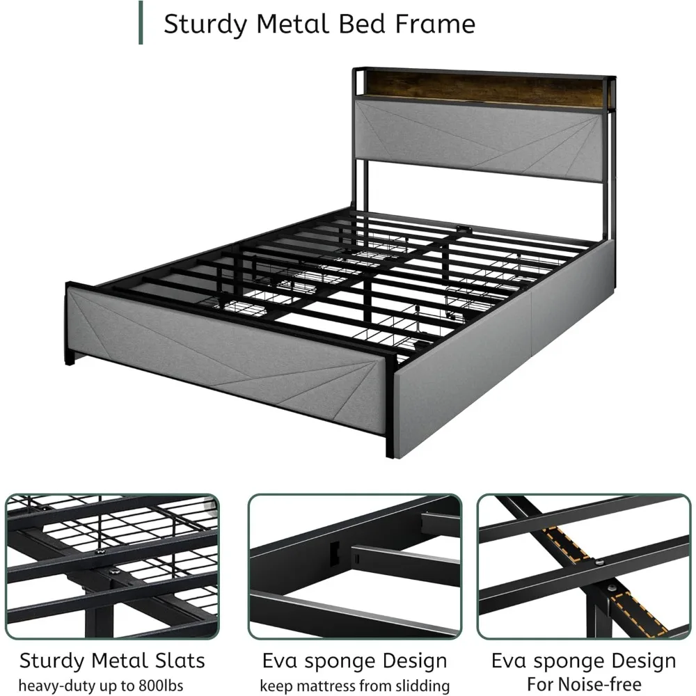 Bed Frame with Storage Headboard & 4 Drawers, Grey Bed Frame with LED Lights & Charging Station, Sturdy Metal Platform & Slat image 6