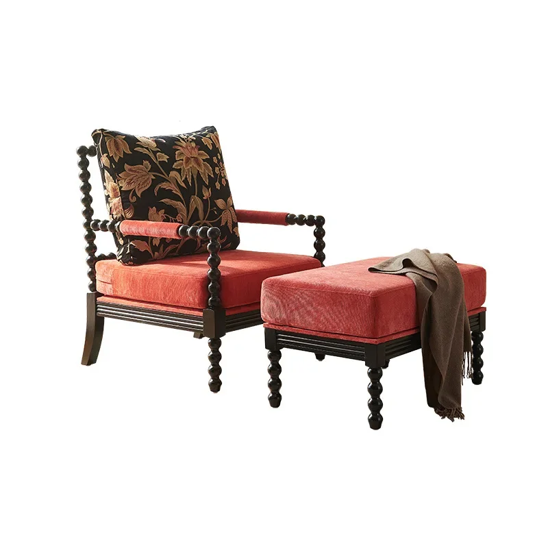 French retro solid wood pearl chair living room home fabric single sofa hotel homestay tiger stool