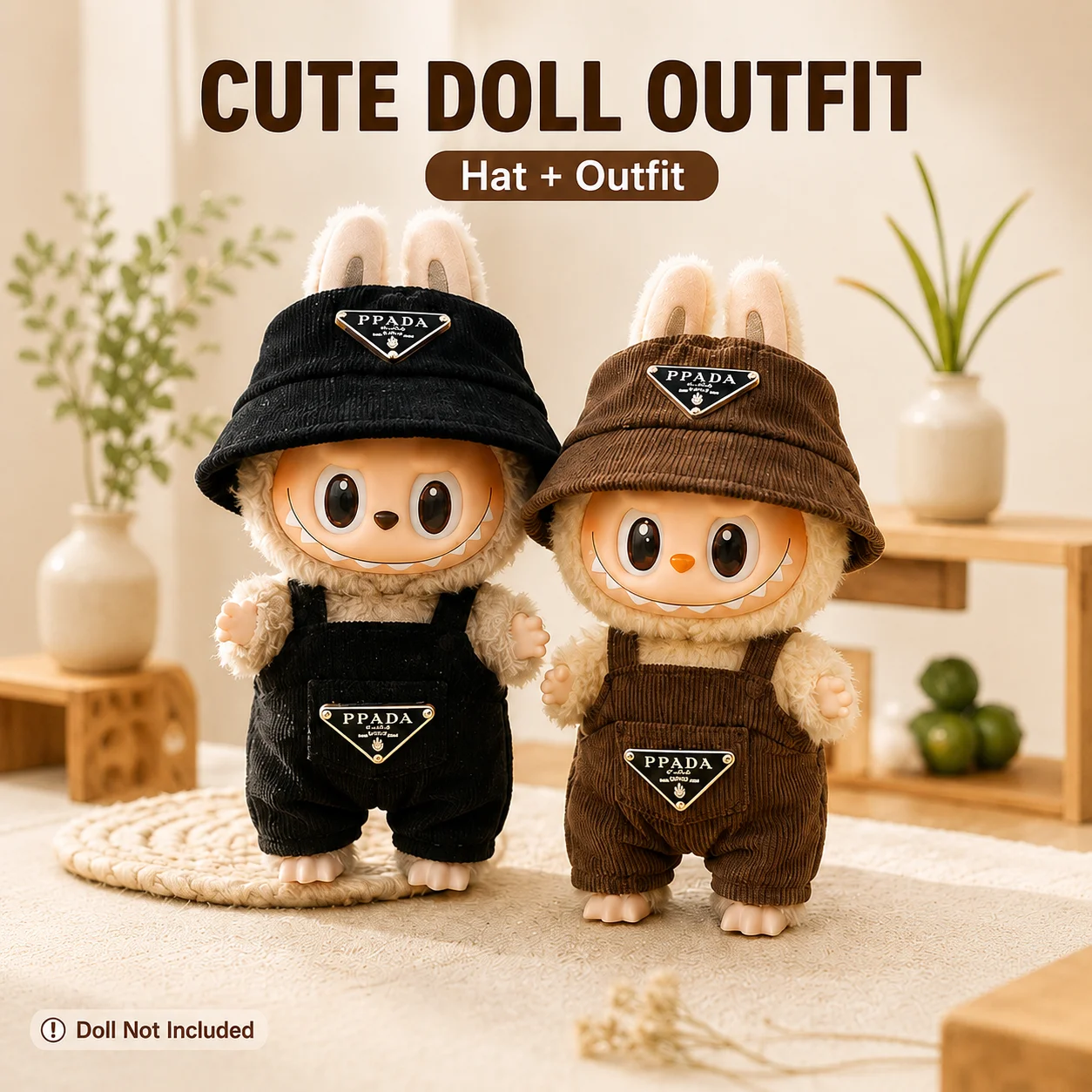 Cute Doll Clothes Set Compatible with Labubu 17cm Plush Doll, Corduroy Rabbit Ear Hat & Outfit, Doll Clothing Accessories