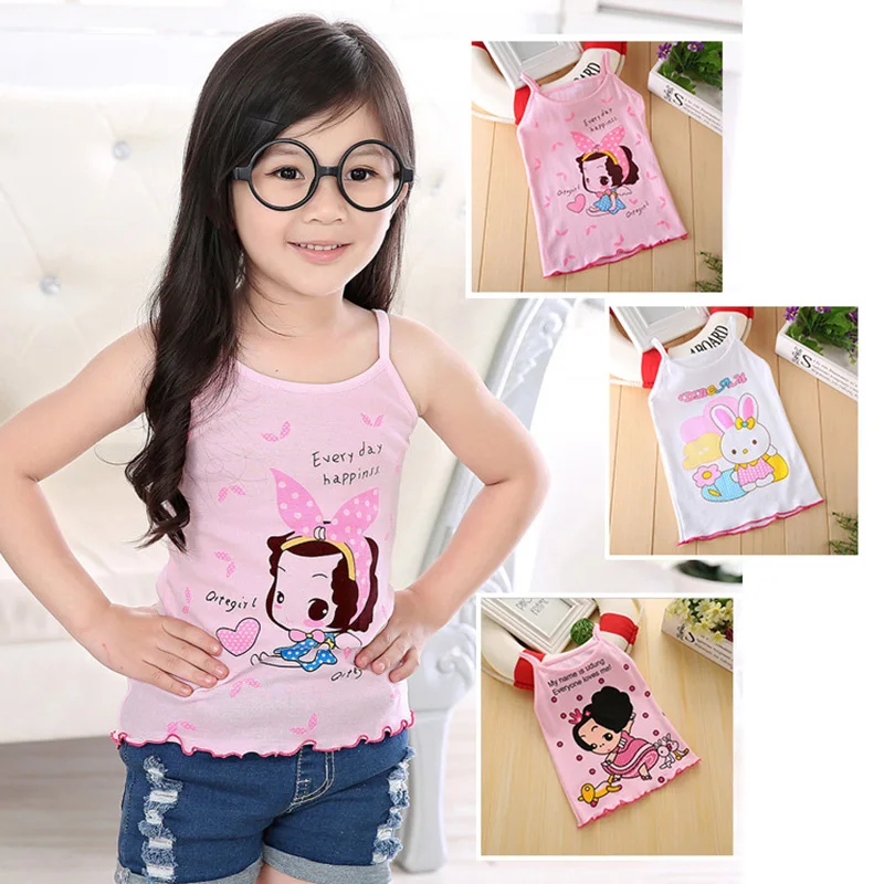 Fashion Summer 3-7 Years Children Girls Cotton  UnderShirt Sleeveless Cute Cartoon Print Vest