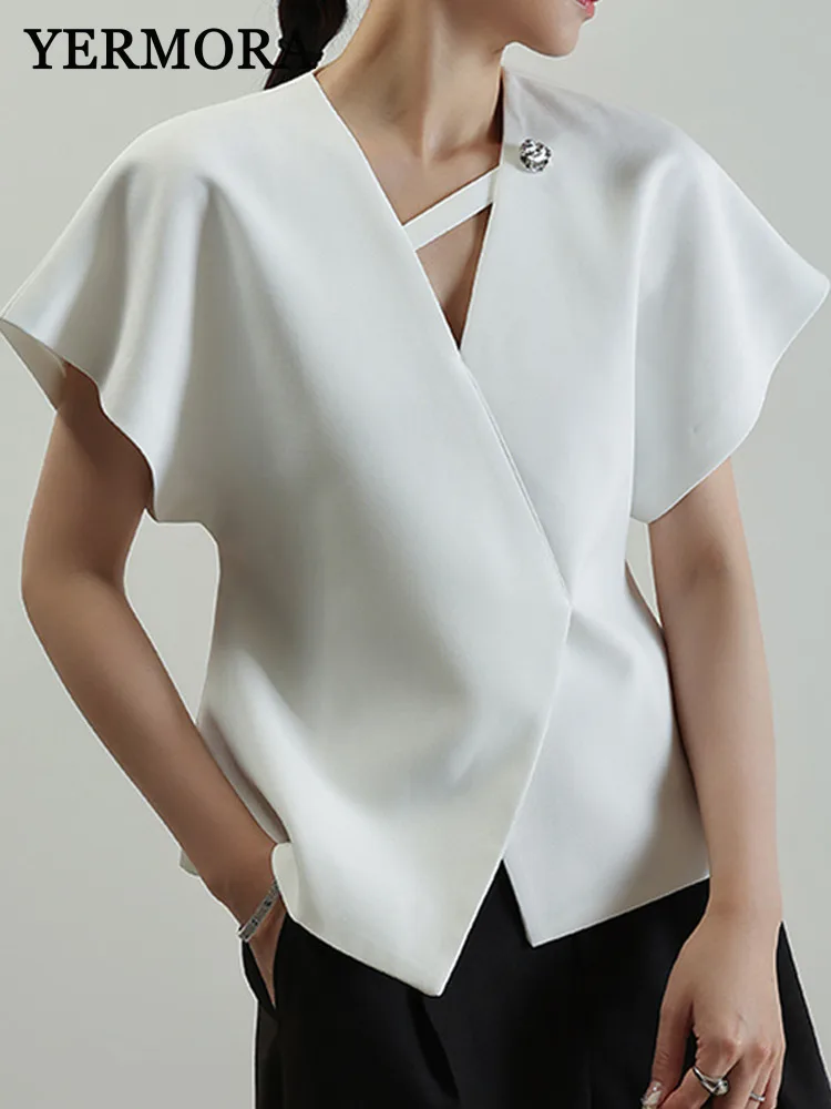 

YERMORA White Back Zipper Brief Casual Shirt For Women V-neck Short Sleeve Loose Fit New Tops Fashion Tide Spring Summe
