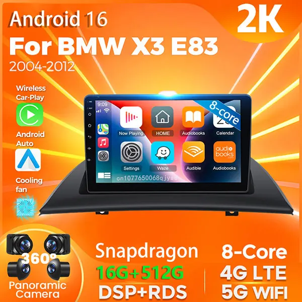Android 16 Carplay Auto do BMW X3 E83 2004 - 2012 Radio Samochodowe GPS Odtwarzacz Multimedialny Stereo Kamera 360 Nawigacja Video Sterowanie Głosowe AI