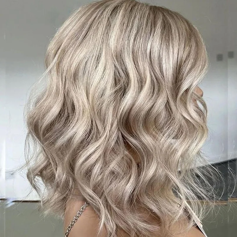 Remy  Hair 13x4 Lace Front Wig Short Bob Brazilian Hair Wavy Ash Blond Wigs