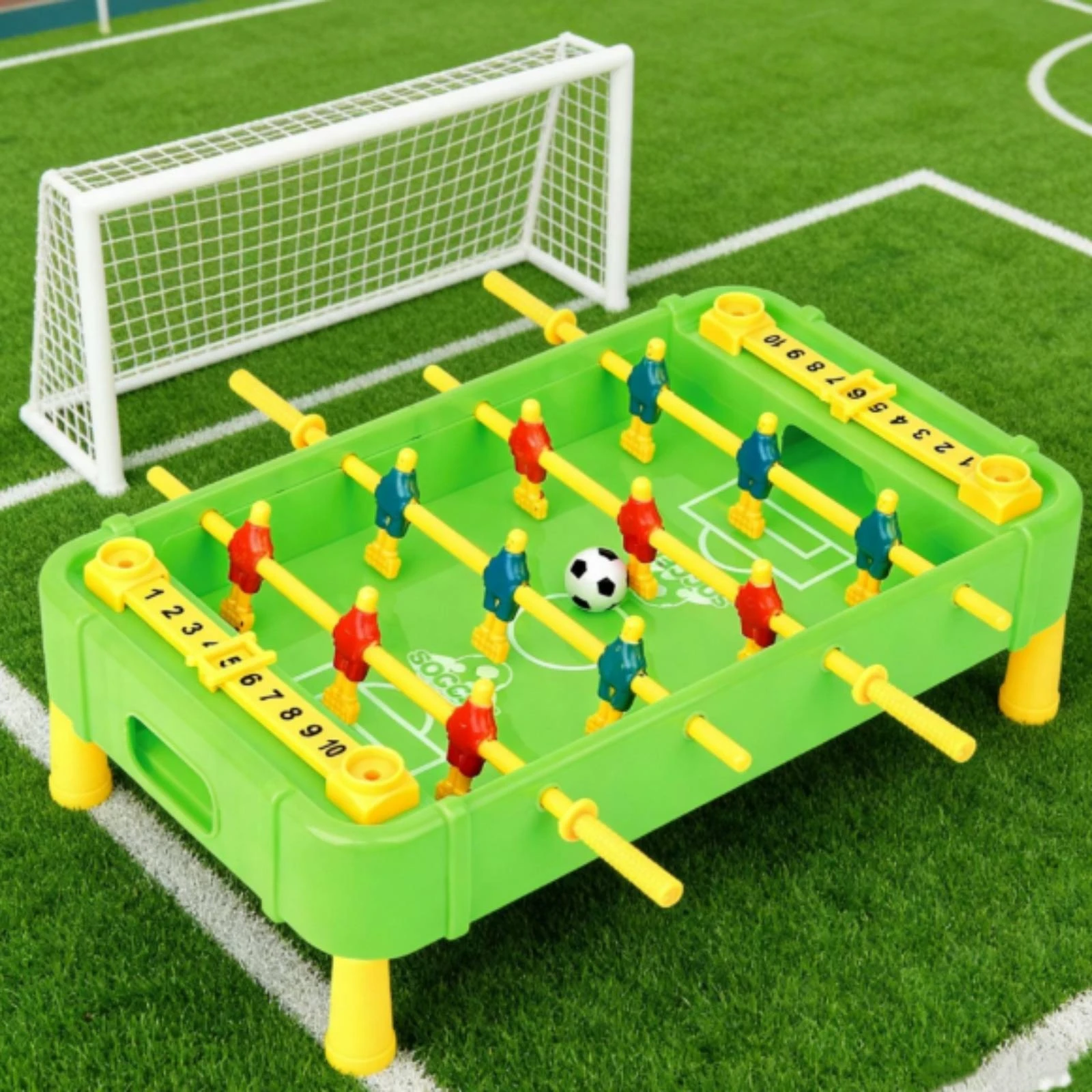 2-in-1-テーブルゲーム-コンパクトサッカーとホッケーゲーム-プラスチックスポーツテーブル-ポータブルプレイセット-グリーン
