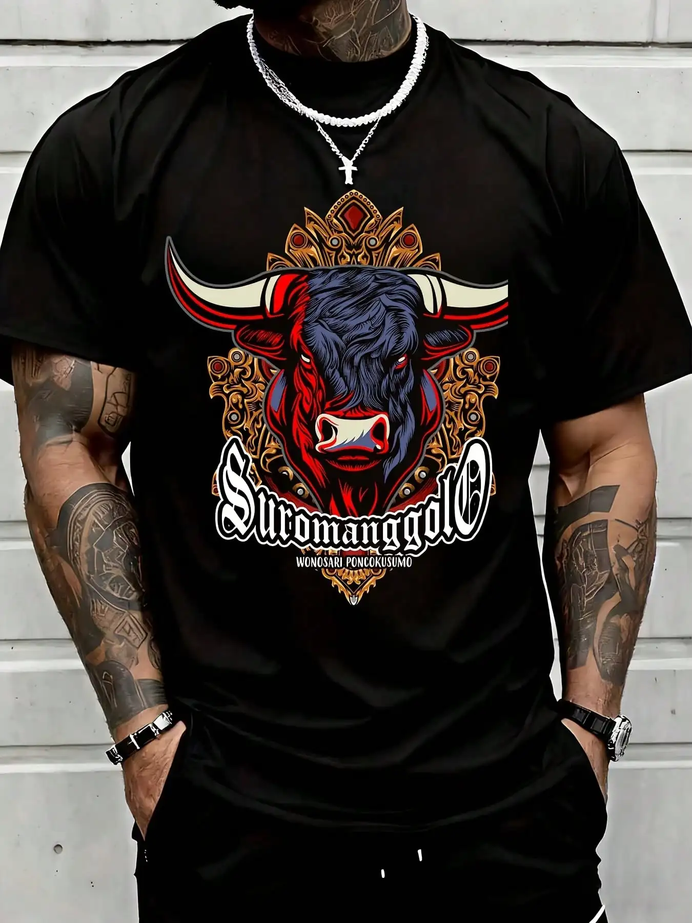 Suromanggolo Bull Graphic Tee Men Streetwear Urban Style T Shirt Suitable For Casual Sports Wear