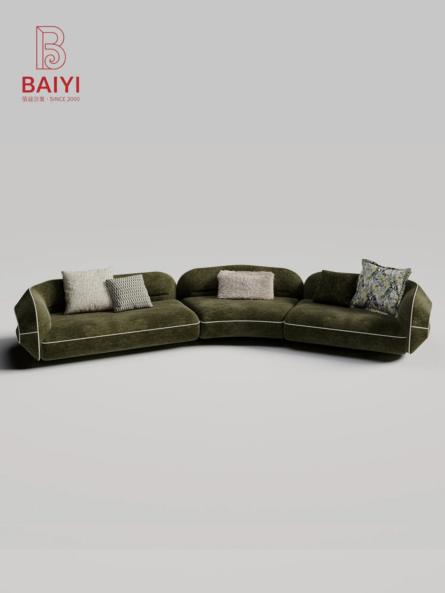 BAIYI Olive Green Chenille Curved Modular Sectional Sofa Angled Armrest Contrast Piping Deep Seat For Living Room Villa Home