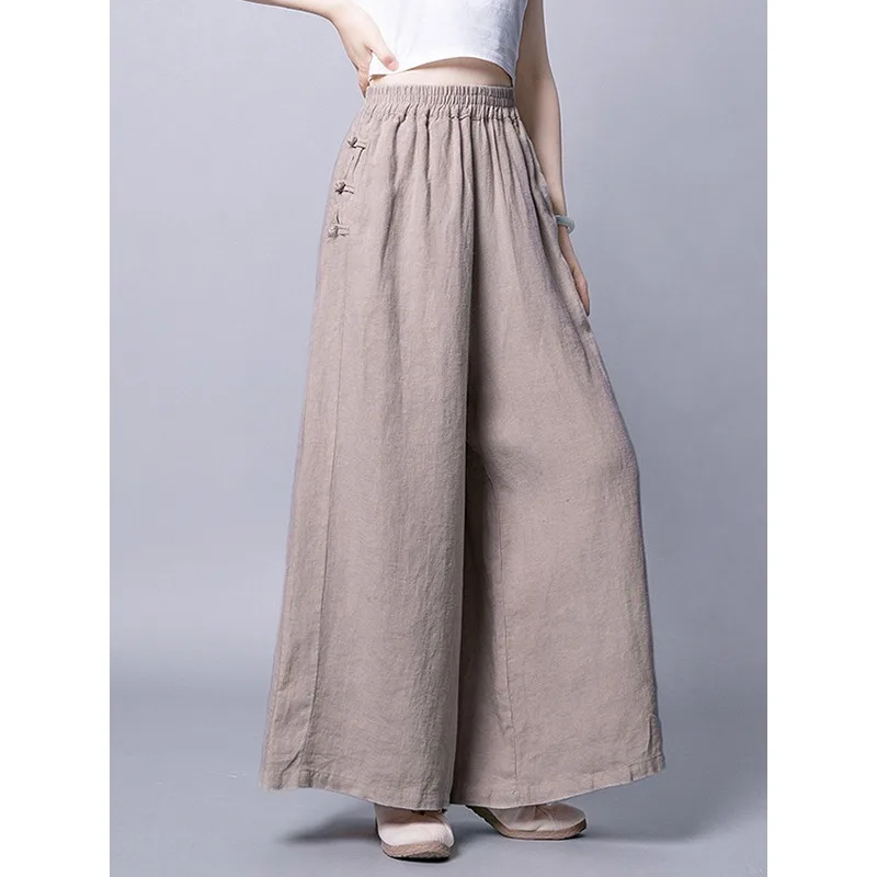 

Tinaa Women's Pants Autumn 2025 Cotton Linen Blend Chinese Knot Swide-leg Trousers Pockets Breathable Woman Clothing 82428