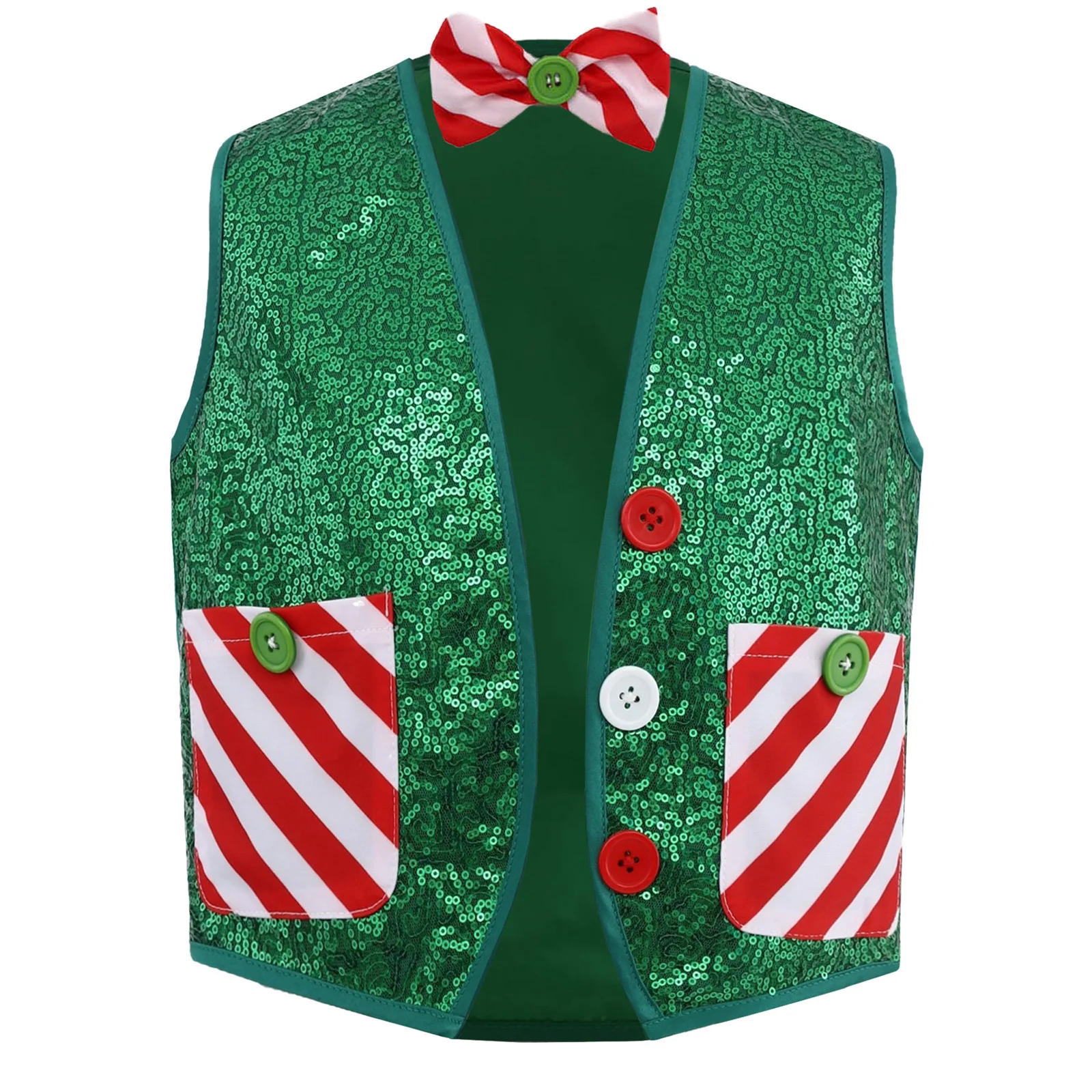 Gilet da elfo di Babbo Natale con paillettes natalizie per ragazzi, gilet a righe natalizio con papillon, costume da ballo latino jazz da discoteca, capodanno