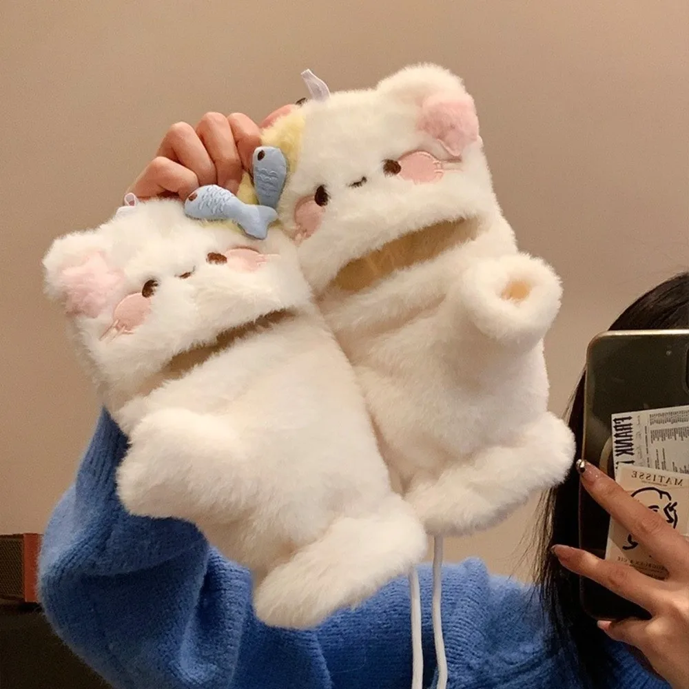 Half Finger Kitty Gloves Polyester One Size Winter Warm Touch Screen Gloves Touch Screen Compatible Flip Top Gloves