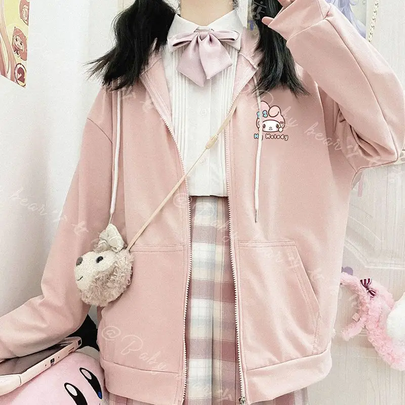 Sanrios Hellokitty Zip Hooded Hoodies Anime Spring Autumn Cotton Sweater Cartoon Loose Sports Jacket Cute Sweet Coat Girl Gift