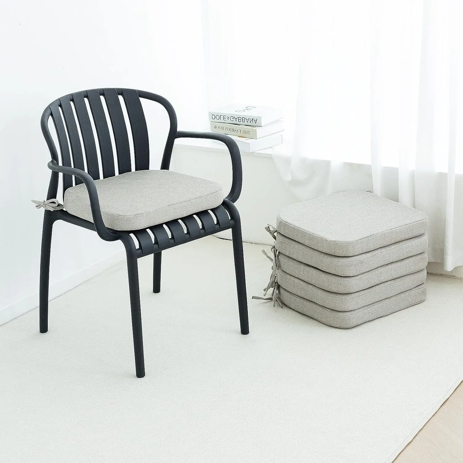 

6-Piece Dining Chair Cushions with Ties, Waterproof Cover, Non-Slip Bottom, 17x16x2 Inches, Beige