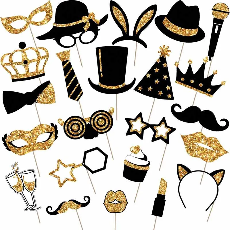 23Pcs Black Golden Paper Party Photo Booth Props For Birthday Hats Lipstick Tie Crown Photography Props Weddings Party Supplies
