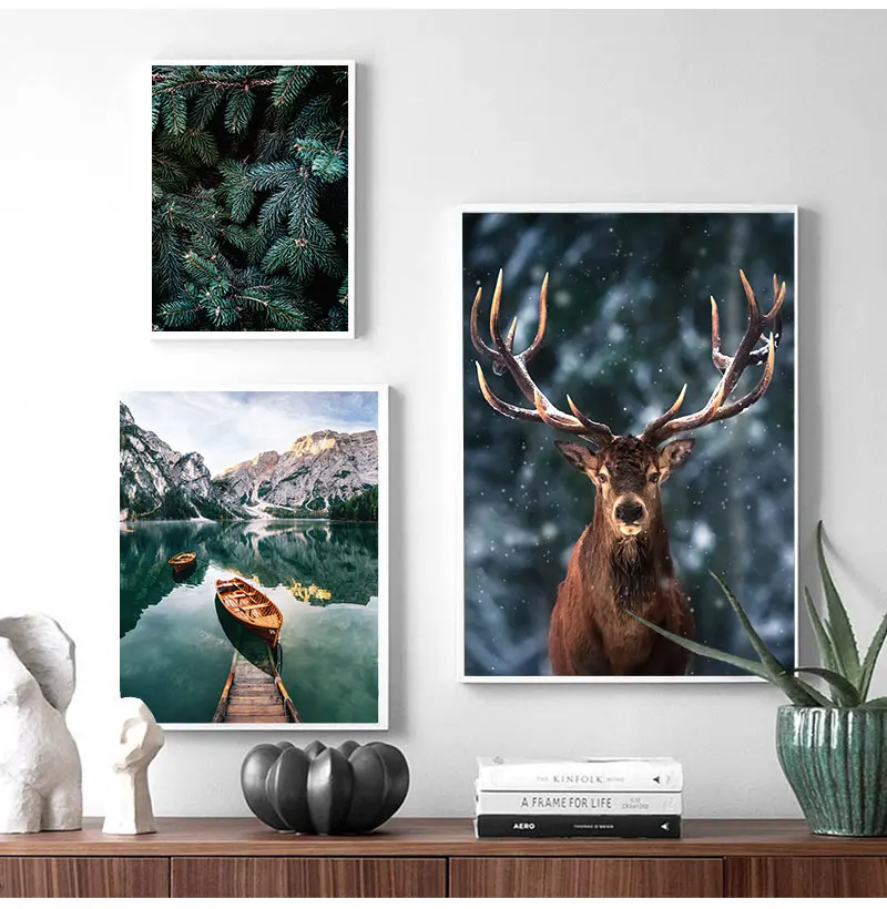 Landscape Poster Nature Decorative Picture Home Nordic Fog Forest Deer Animal Canvas Wall Art Print Painting Mountain Lake