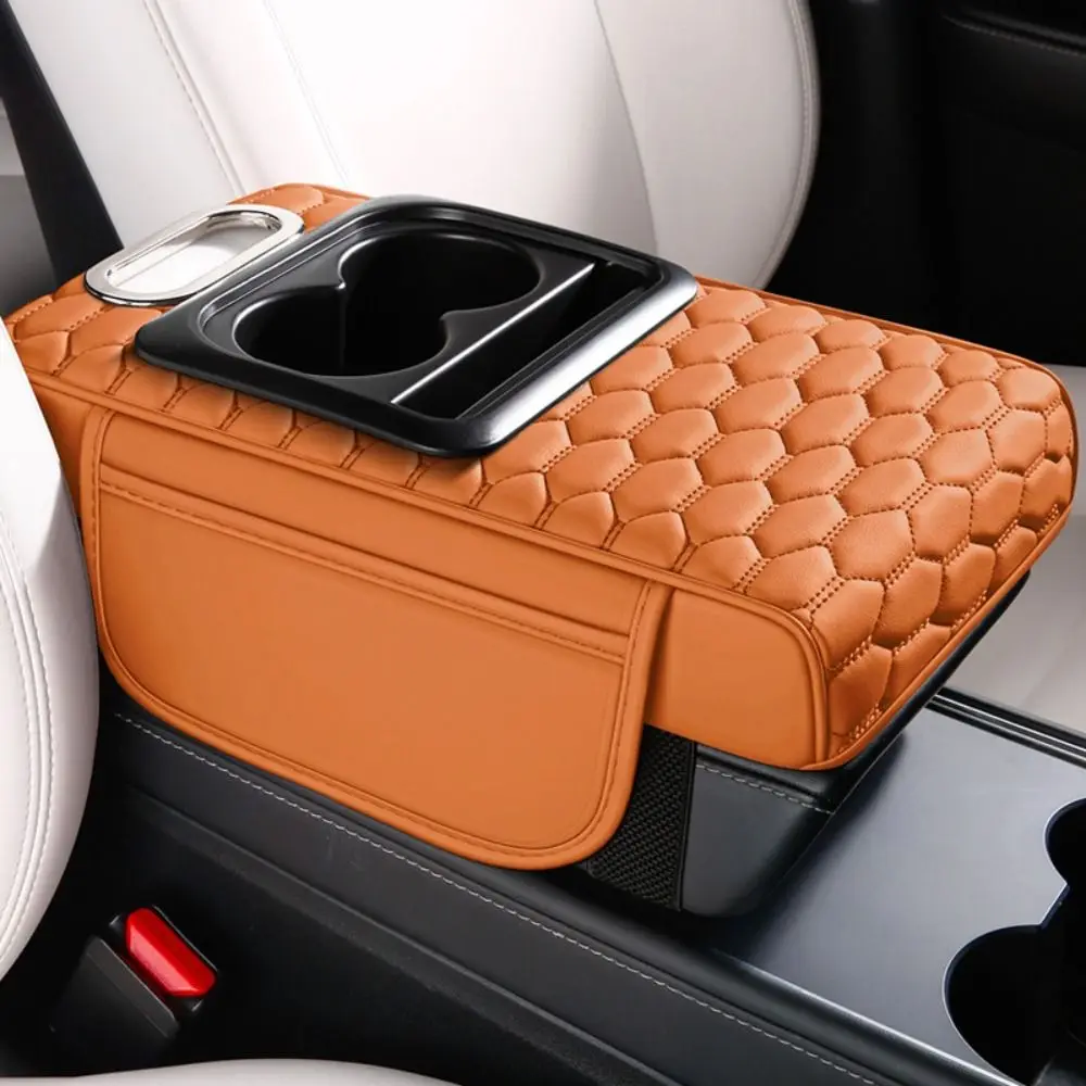 

Portable Center Console Armrest Cushion Multifunctional with Cup Holder Tissue Box Armrest Pad Height Increasing PU Leather