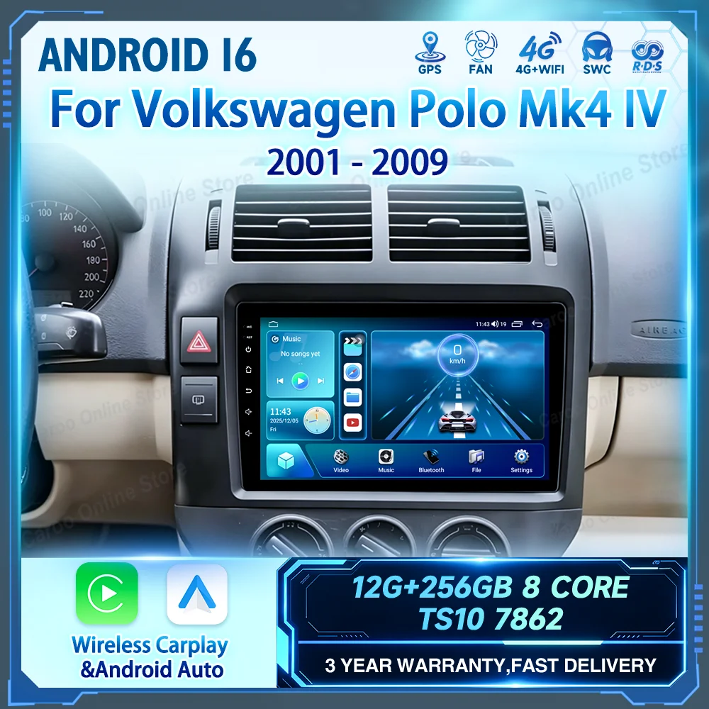 For Volkswagen Polo Mk4 IV 2001-2009 Android Auto Radio Car GPS Navigation Carplay Wirerless Multimedia Video Player QLED Screen