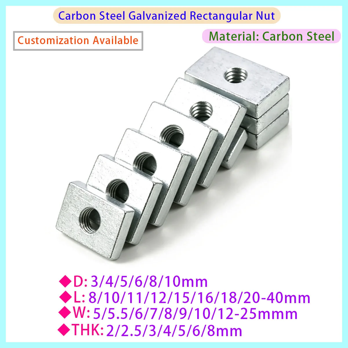 M3 M4 M5 M6 M8 Galvanized Carbon Steel Aluminum Square Nut Rectangular Nut Accessories