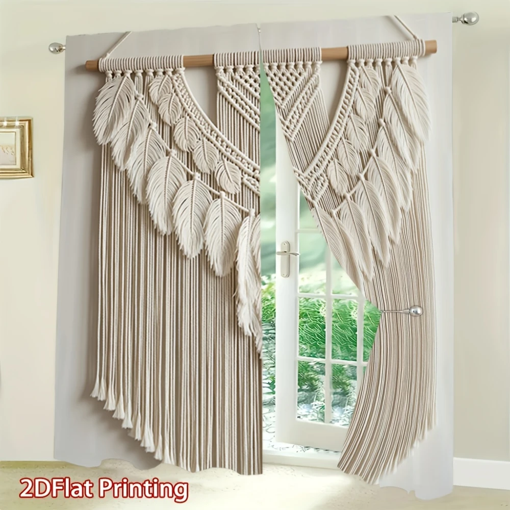 2PCS Digital Printed Curtains, Macrame Woven Feather Tassel Boho Pattern, Bohemian Coastal Style for Bedroom Living Room Decor