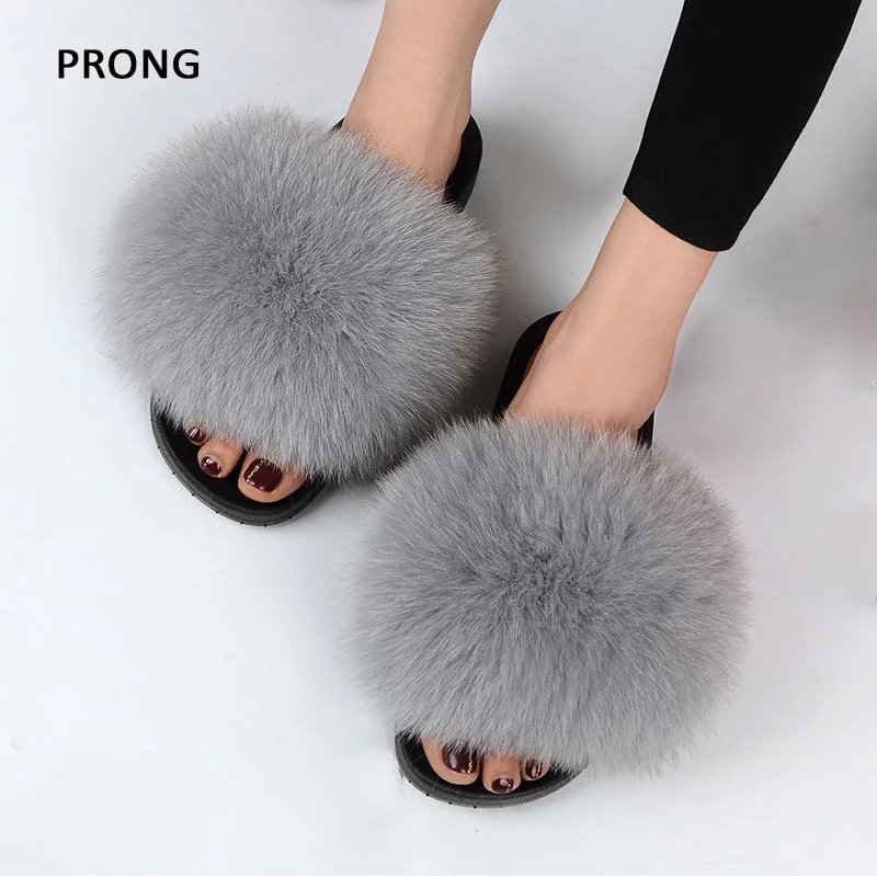 Fluffy Furry Fur Slippers Real Fox Fur Slides For Women Summer PVC Sole Flip Flops Sandals Woman Open Toe Shoes Slippers