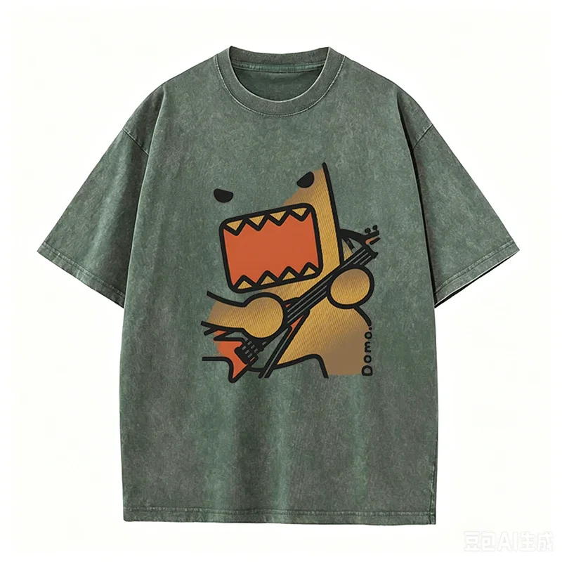 Domo Rock Guitar Graphic Print Vintage Washed Brown Casual Cartoon T-Shirt – Detail 9