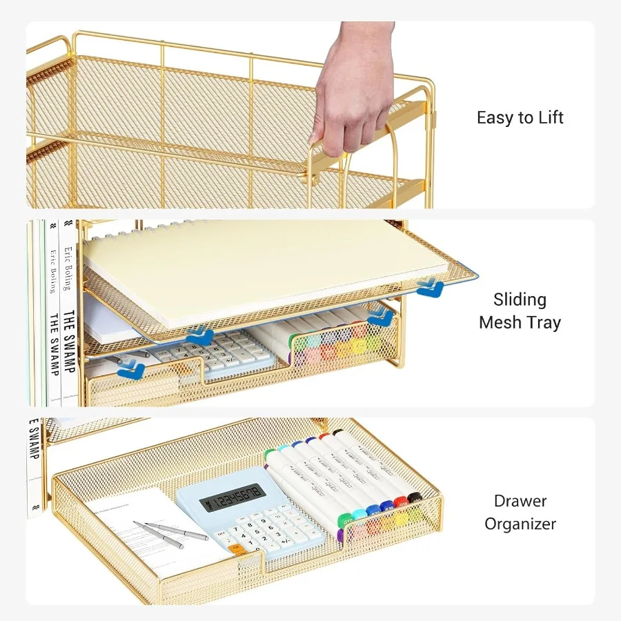 منظم ملفات سطح المكتب مكون من 4 طبقات مع درج وحاملين أقلام لتخزين اللوازم المكتبية ومنظم مساحة العمل باللون الذهبي مع M #4