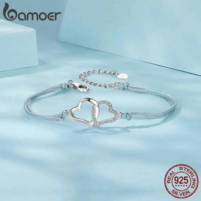 Bamoer Genuine 925 Sterling Silve Simple Heart to Heart Original Design Bracelet For Women Fine Wedding Birthday Jewelry Gift