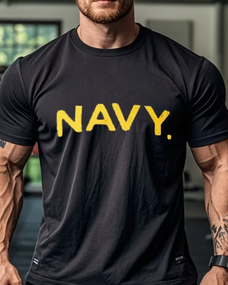 Navy Casual Crew Neck Black T-Shirt for Men  Graphic Casual Summer Fashion Top Trendy Tshirt for Daily Crew Neck Drop Shoulder
