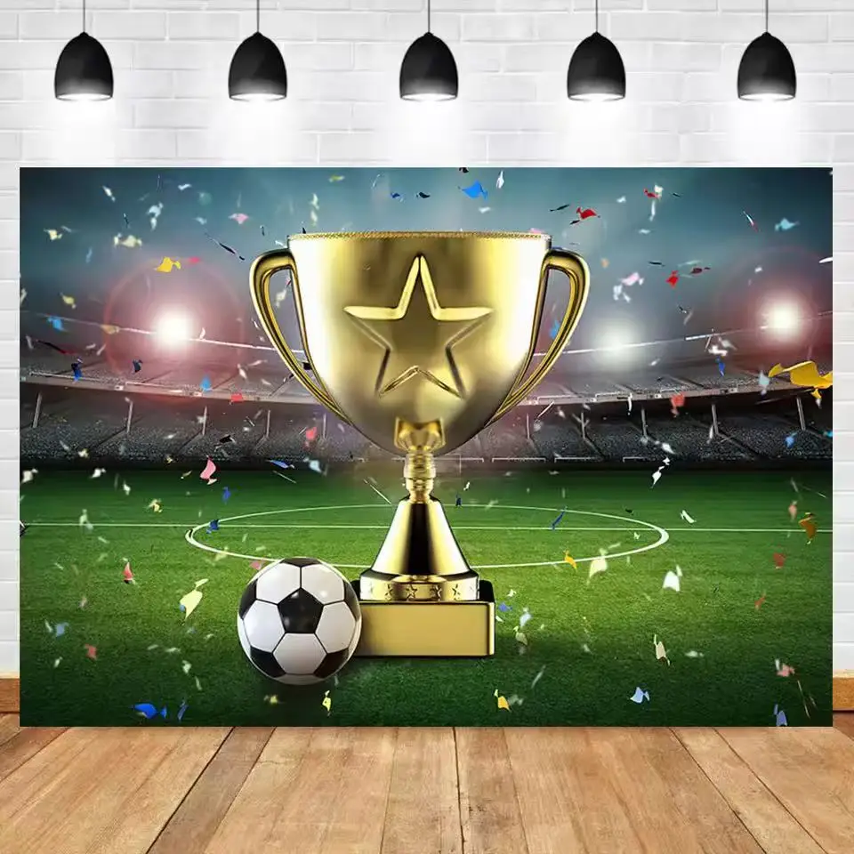 خلفية كرة القدم تخصيص اسم الصبي عيد ميلاد ملعب كرة القدم الرياضة ملصق استحمام الطفل راية الكأس الذهبي كابينة تصوير الخلفية