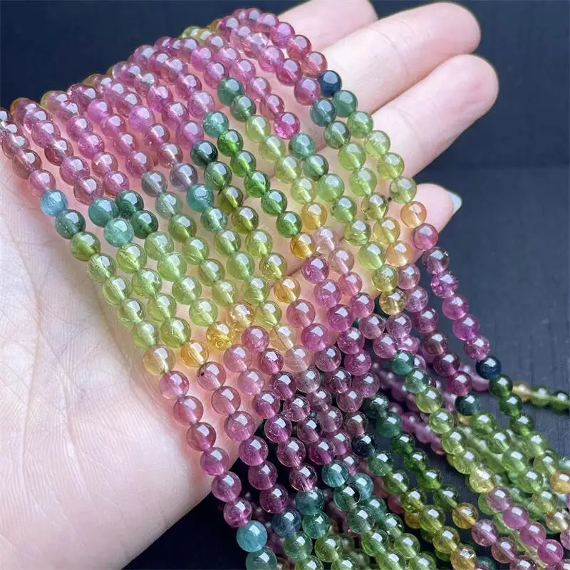 4.8MM Natural Colored Tourmaline Triple Circle Bracelet Women Trendy Reiki Healing Elastic Yoga Energy Jewelry Gift 1pcs