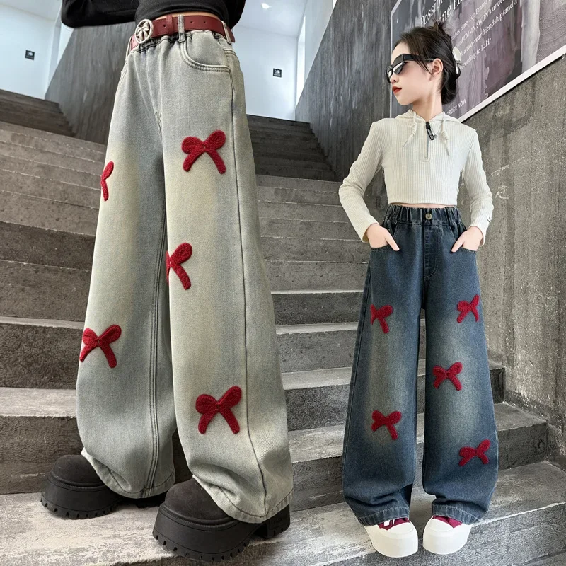 

Girl Gothic Wide Leg Y2K Denim Pants Child Street Jeans Trousers New Fashion Kids Bow Embroidery Straight Casual Jeans Teens