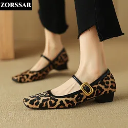 Płaskie buty damskie Square Toe Mary Janes Shoes Black Leopard Print Horsehair Shoes for Female Buckle Strap Ladies Shallow Shoe Spring