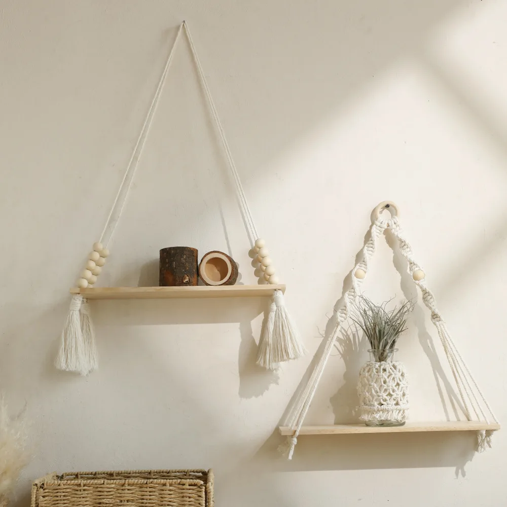 Detail view of macrame hanging shelf with wooden beads