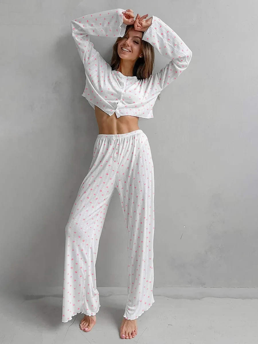 

Blubelle, новая мода, пижамный комплект с принтом Love, осенние пижамы с длинными рукавами и длинными брюками, удобный короткий топ, женская домашняя одежда