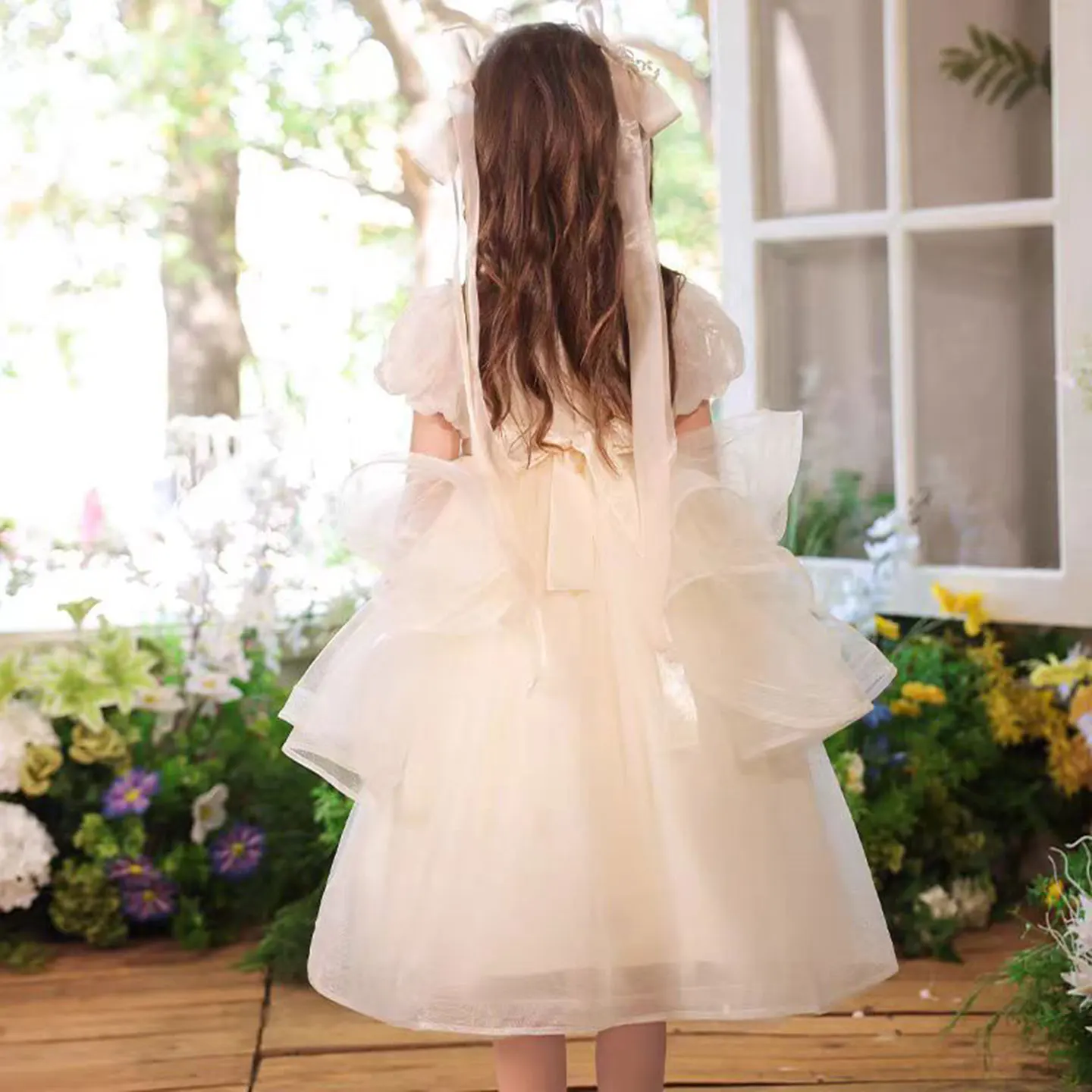 Jill Wish J528 elegante vestido de niña de flores de encaje Beige con cuentas hasta el té princesa niños boda fiesta de cumpleaños vacaciones vestido de graduación