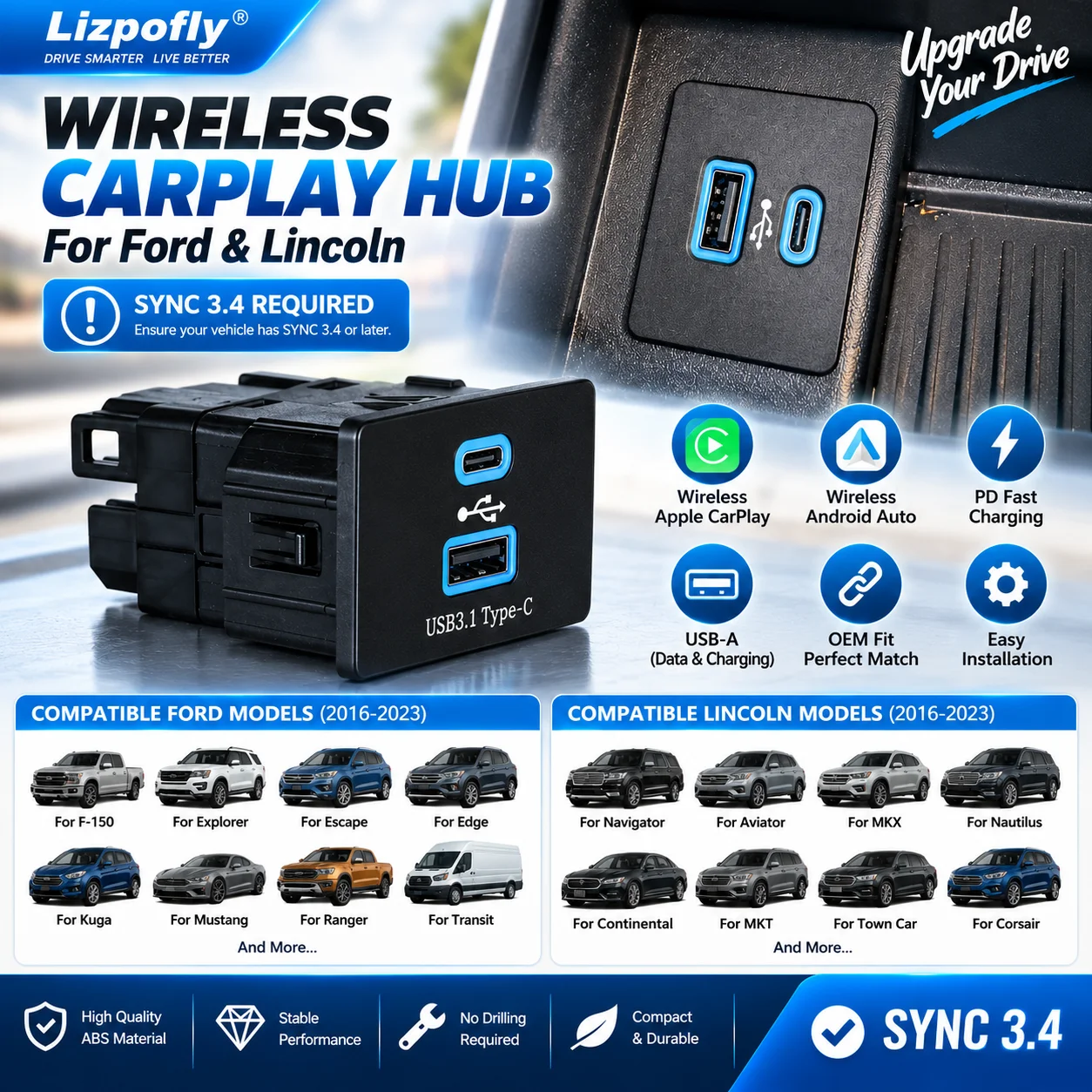 Lizpofly Android SYNC 3.4 Wireless CarPlay & Android Auto USB Hub for Lincoln and Ford Models