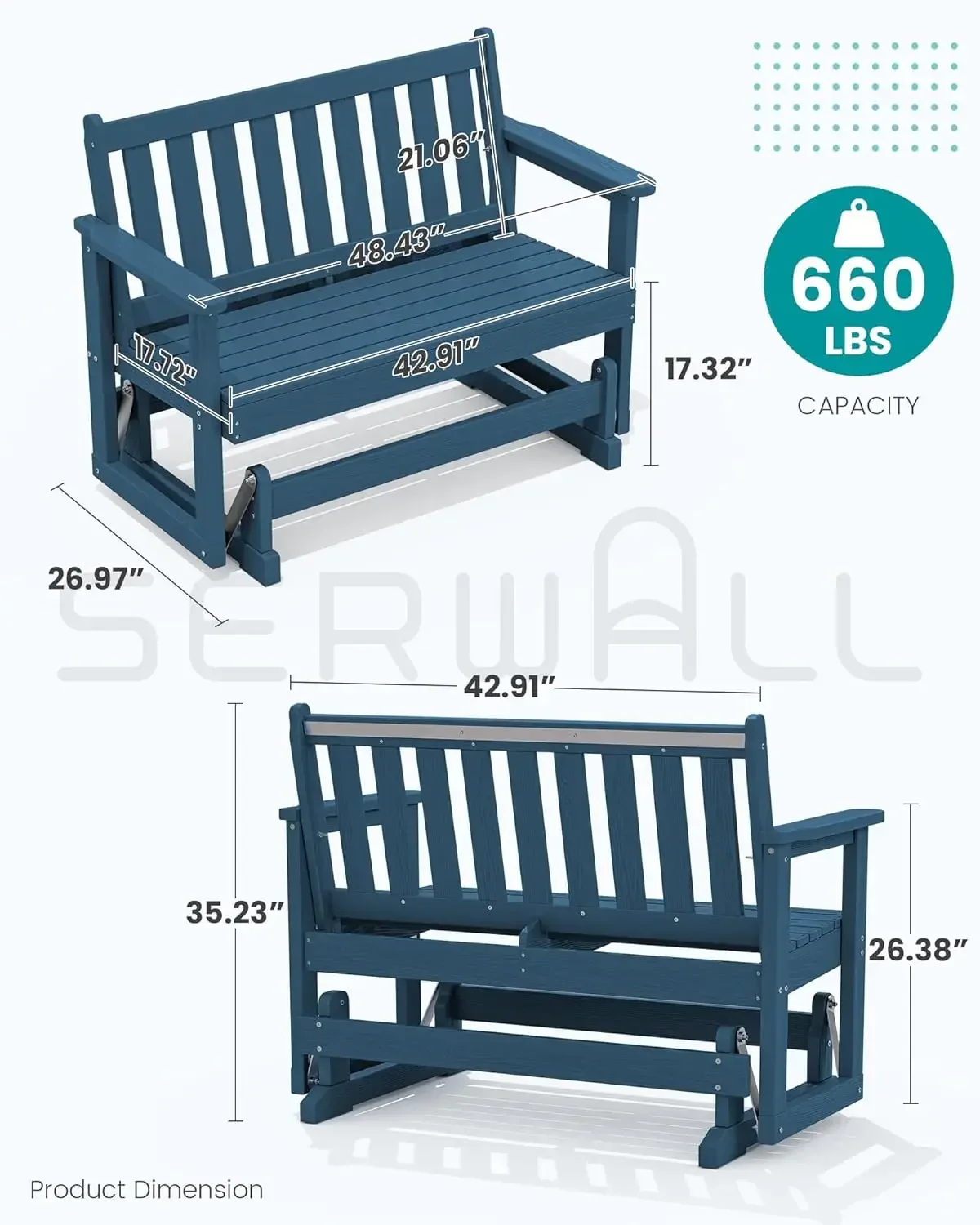 SERWALL Outdoor HDPE Glider Bench, All Weather Swinging Bench for Outdoor Porch Garden, 660LBS Capacity, Deep Navy