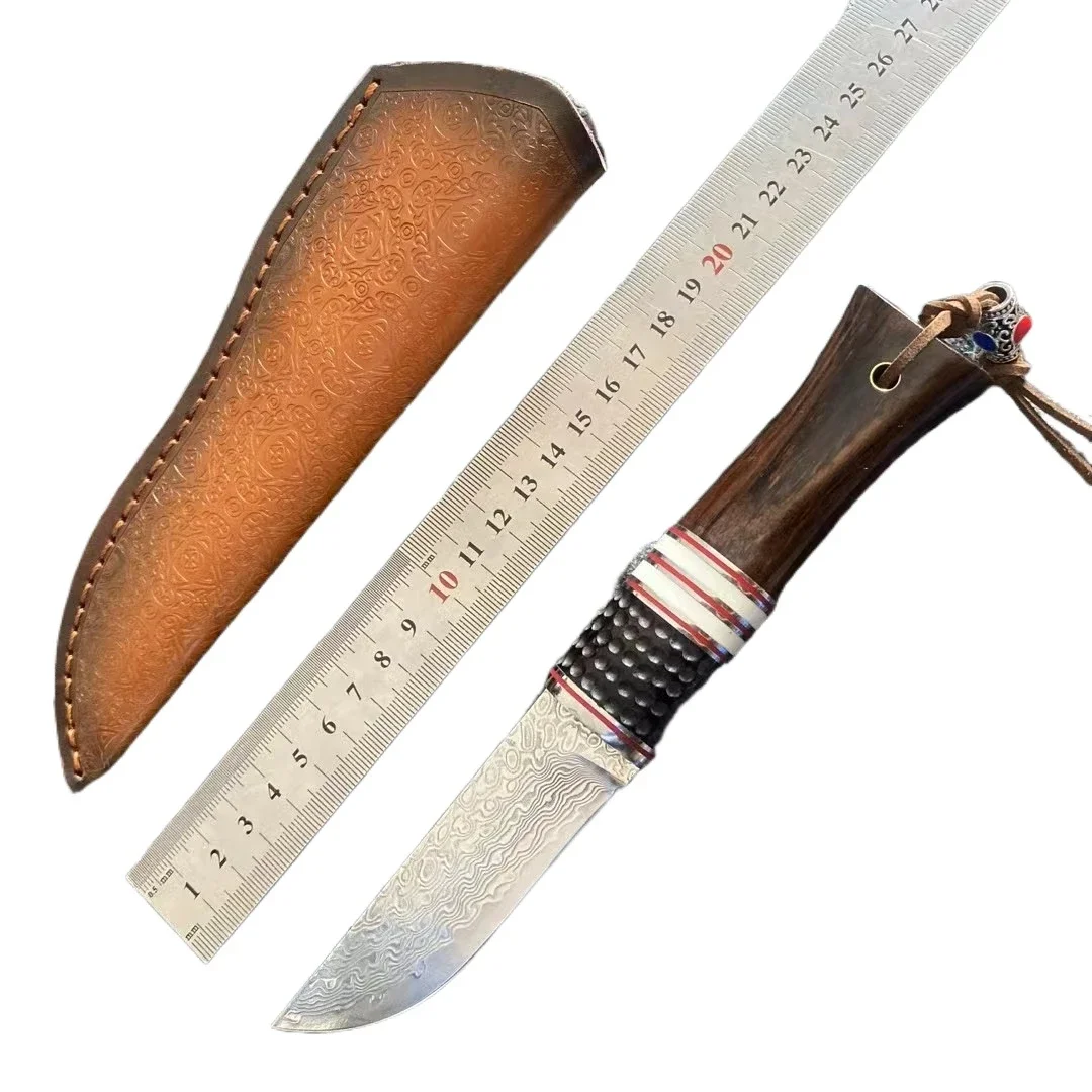 

Ebony Handle Outdoor Camping Hunting Knives Damascus Steel Fixed Blade Knife Tactical Military Hand Tools With Leather Case