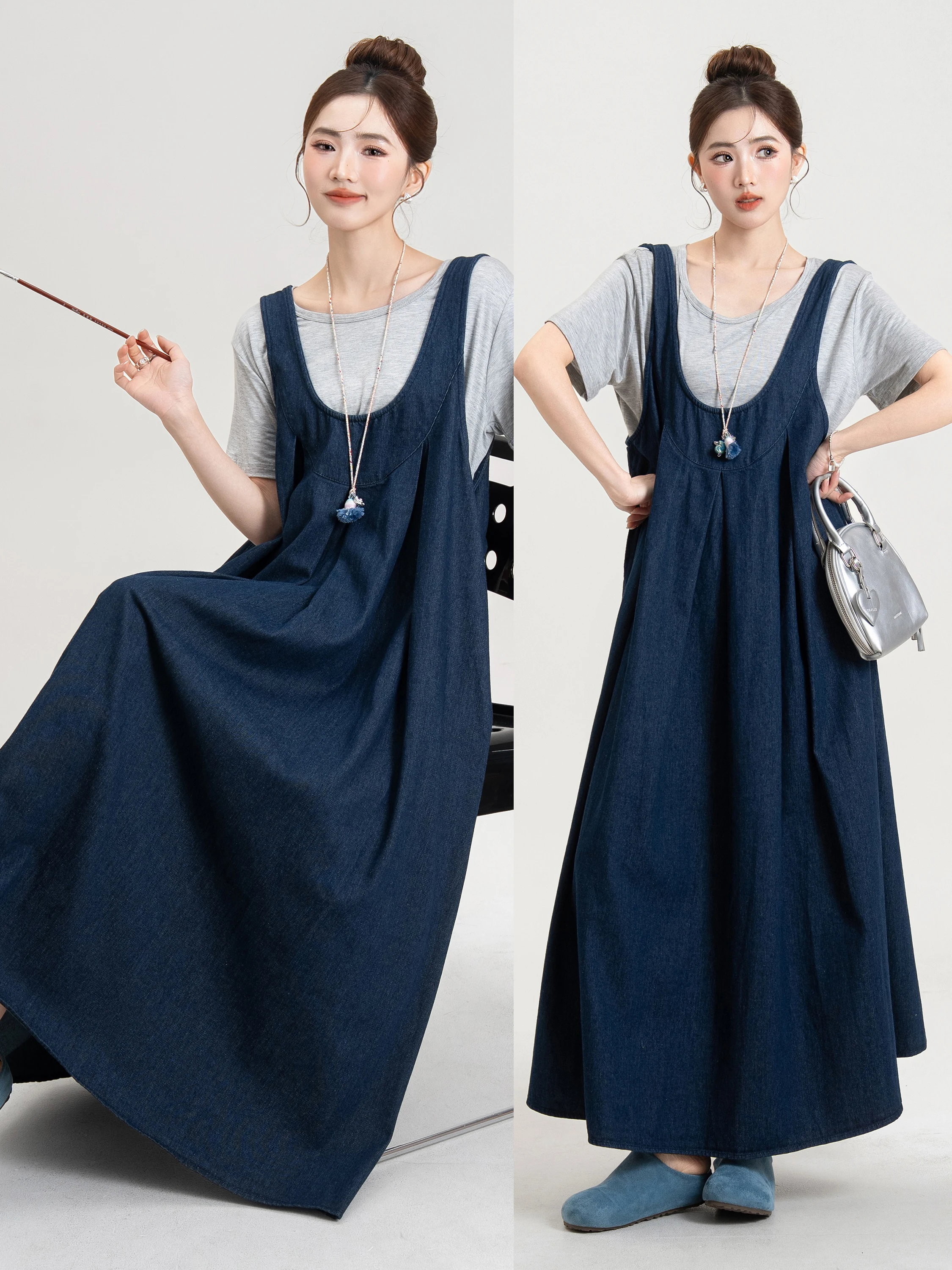 

Оригинальный японский джинсовый комплект LM: женский летний костюм из двух предметов, темно-синий, с ленточными бретелями, с высокой талией, А-силуэт