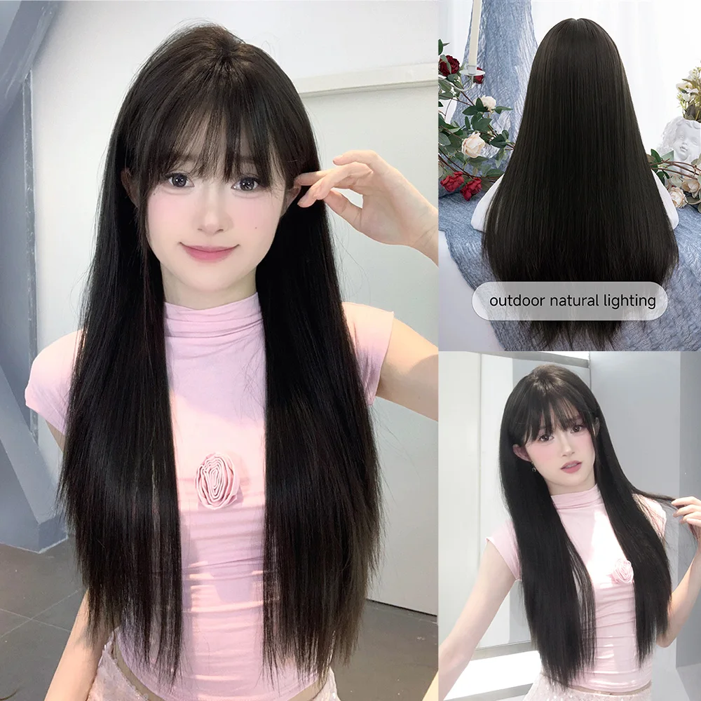 Pelucas sintéticas de estilo bonito negro de té de 30 pulgadas con flequillo peluca de pelo liso Natural largo para mujeres uso diario Cosplay resistente al calor