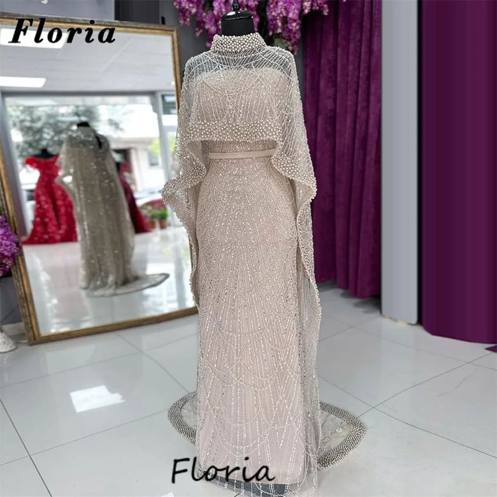 

Arabic Pink Pearls Evening Dresses Two Pieces Cape Sleeves Mermaid Birthday Party Second Engagement Dress Customized Robes 2025