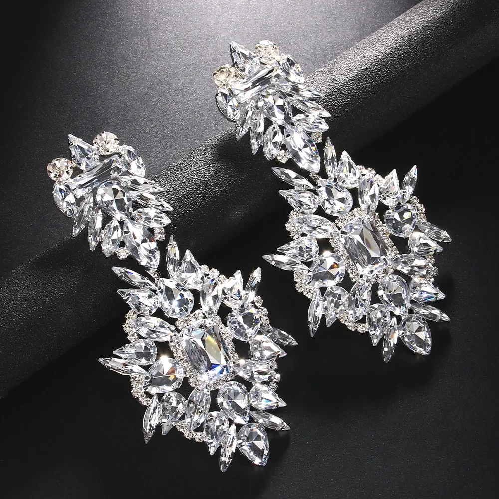 Exaggerated Geometric Rhinestone Earrings Dangle Wedding Accessories Luxury Oversize Crystal Pendant Earrings Party Jewelry Gift
