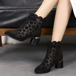 Women Leather Mesh Boots  Rhinestone Summer Shoes Pointed Toe Ankle Botas Thick Heel Hollow Out Back Zip 2024