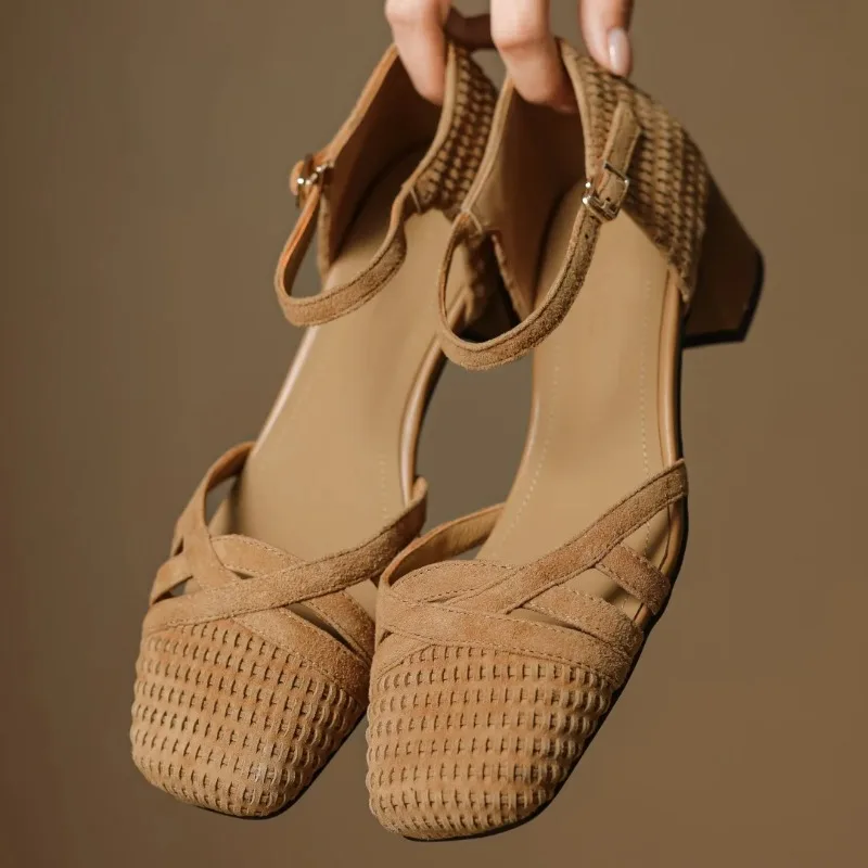 NEWwomen's natural suede leather ankle strap sandals square toe 4cm thick med heel elegant ladies summer dress pumps shoe