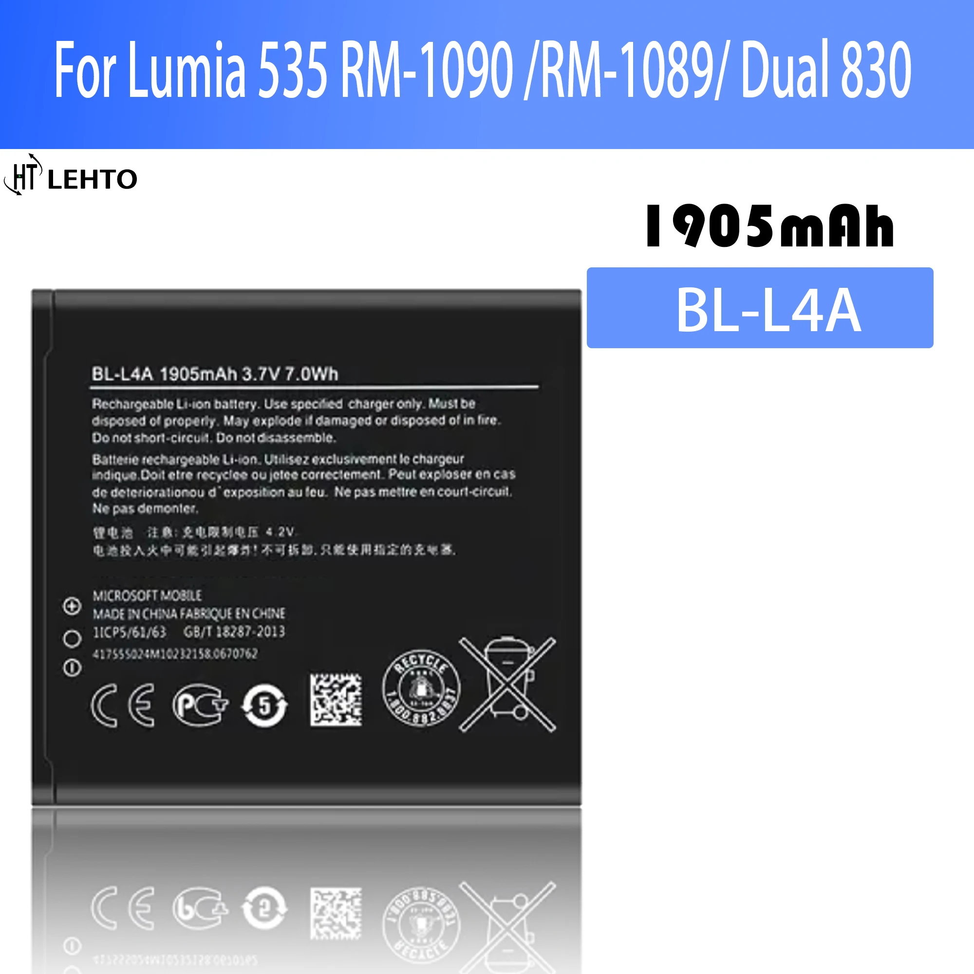 New 100% Original BL-L4A Battery For Microsoft Nokia Lumia 535 RM-1090 RM-1089 Dual 830 RM-984 phone Batteries Bateria