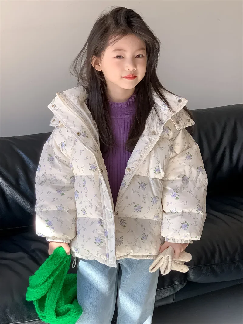 

Girl Down Jacket Winter 2024 New Product Floral Down Coats White Duck Down Warm Jacket Winter Clothing Comfortable and Casual