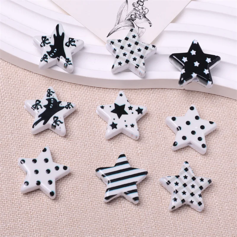 Newest 100pcs/lot black dots cats stripes pattern print cartoon stars shape resin straight hole beads diy jewelry accessory