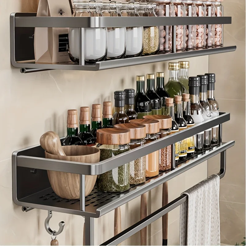 Aluminum Wall-Mounted Shelf Multifunctional Kitchen Spice Storage Rack Kitchen Space Management Solution Kitchen Accessories