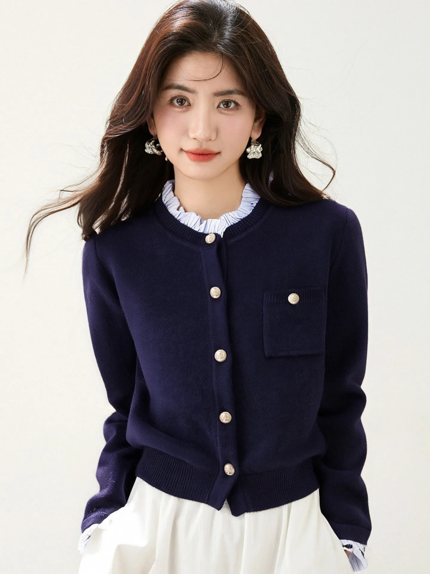 

Cobalt Blue Mo Two-Piece Knitwear Women's ort Sle College Faion Anti-Aging Open Cardigan Sweater Autumn 2025 Casual Wind
