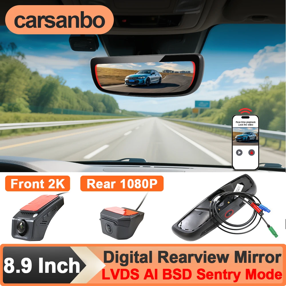 

Carsanbo 8.9in HD Digital Car Rearview Mirror Monitor with 2K Front View+1080P Backup Cameras Coaxial LVDS AI BSD Senty Dashcam