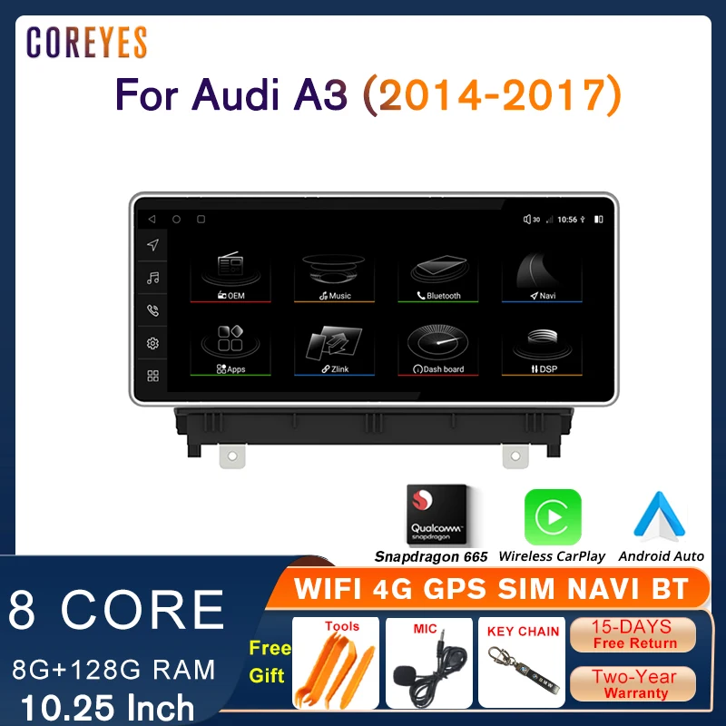 

COREYES 10.25" Car Carplay Radio For Audi A3 2014-2017 LHD Stereo Multimedia Player Android Auto Touch Screen Bluetooth Display